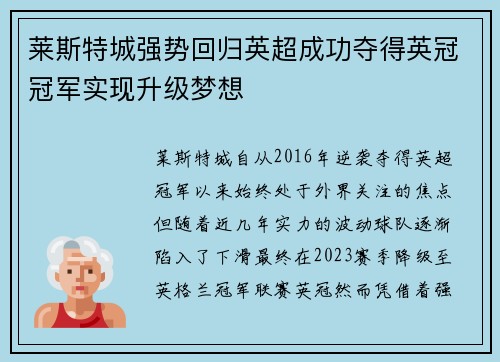 莱斯特城强势回归英超成功夺得英冠冠军实现升级梦想